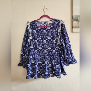 Universal Thread floral balloon sleeve top ruffle blue white XXL